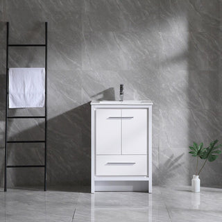 24" Glossy White Freestanding Bathroom Vanity with White Ceramic Countertop - Golden Elite Deco