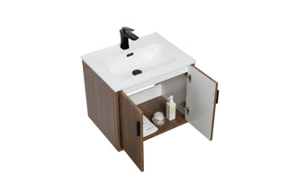 24" Oak Wall Mount Single Sink Bathroom Vanity with White Ceramic Countertop Sudbury - Golden Elite Deco
