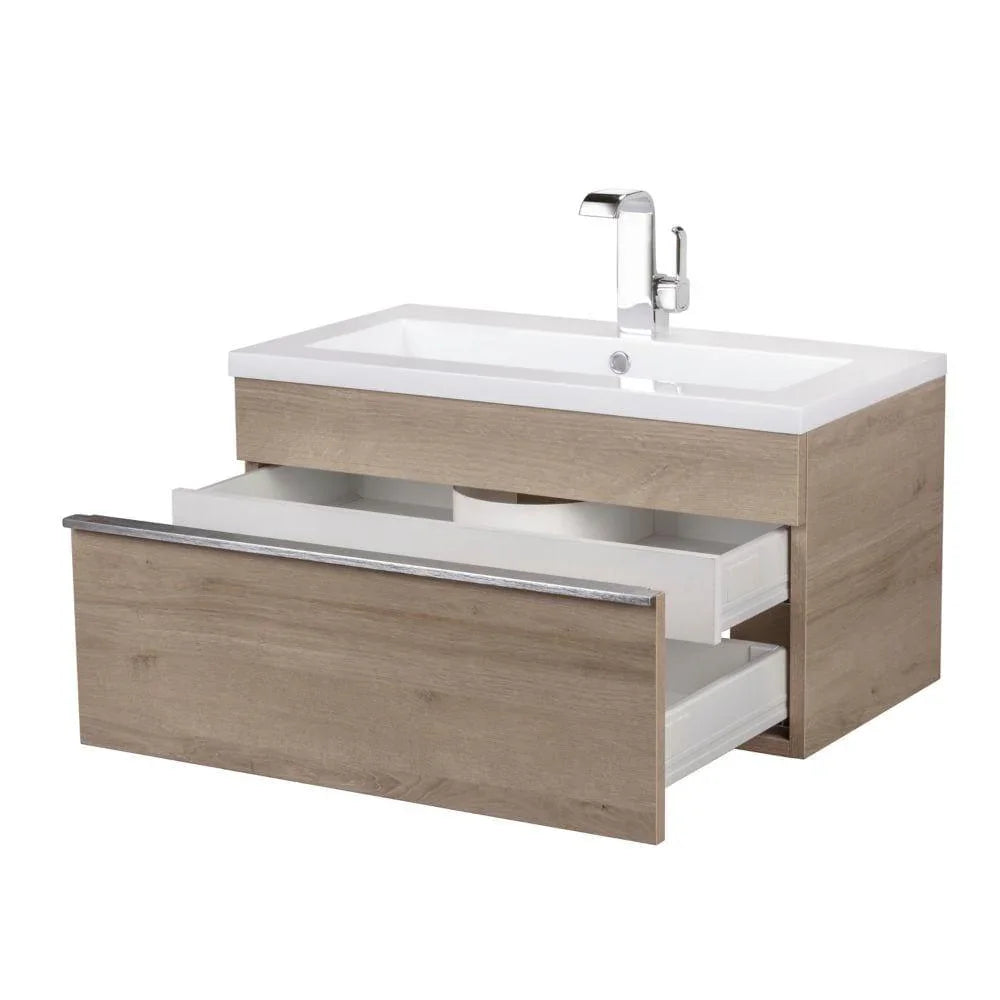 30" Organic Beige Wall Mount Single Sink Bathroom Vanity with White Acrylic Countertop : Trough - Golden Elite Deco