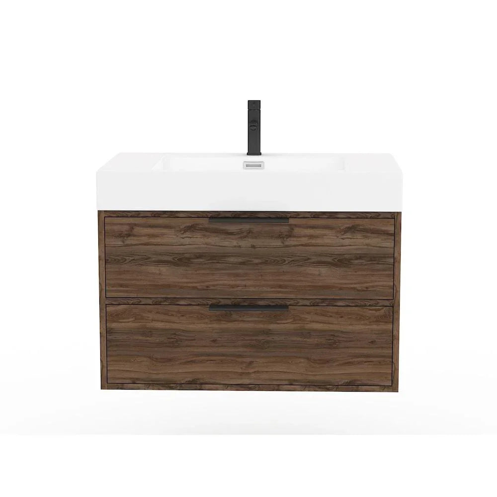 30" Americana Brown Wall Mount Single Sink Bathroom Vanity with White Acrylic Countertop : Savoy - Golden Elite Deco