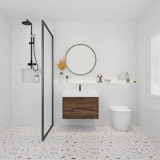 30" Americana Brown Wall Mount Single Sink Bathroom Vanity with White Acrylic Countertop : Savoy - Golden Elite Deco