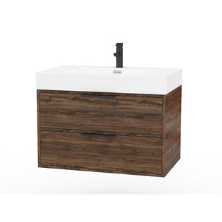 30" Americana Brown Wall Mount Single Sink Bathroom Vanity with White Acrylic Countertop : Savoy - Golden Elite Deco