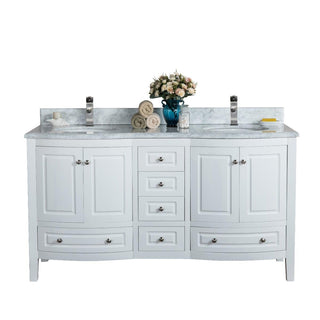 60" White Freestanding Double Sink Bathroom Vanity with Carrera Marble Countertop Porto - Golden Elite Deco