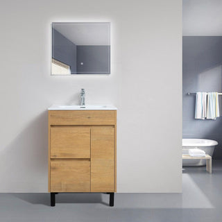 24" Rough Oak Freestanding Bathroom Vanity with White Ceramic Countertop - Golden Elite Deco