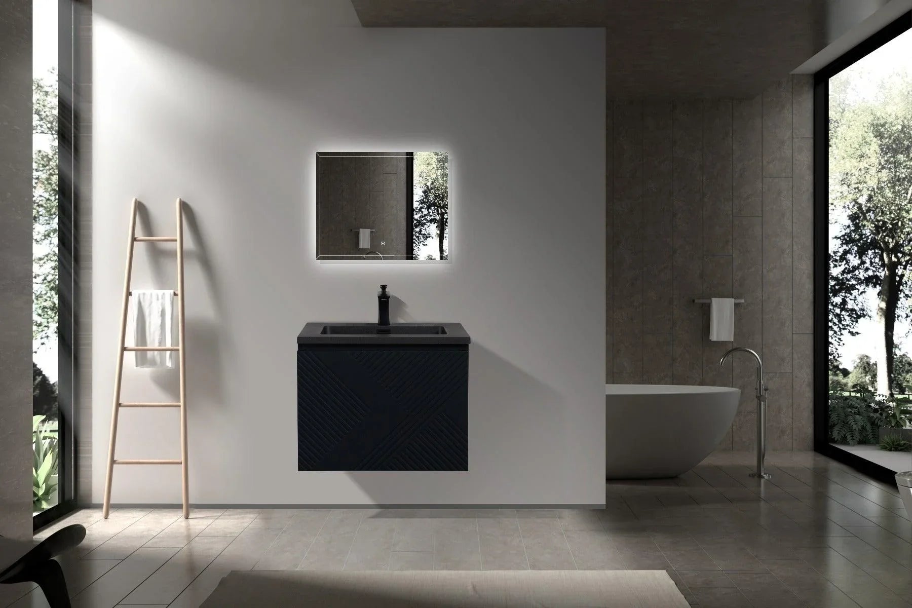 24" Black Wall Mount Bathroom Vanity with Black Engineered Quartz Countertop Roxboro - Golden Elite Deco