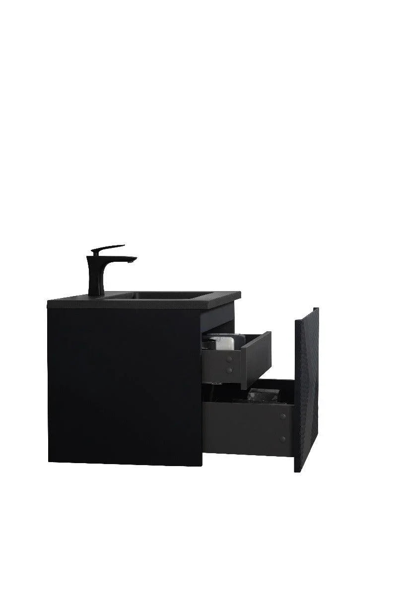 24" Black Wall Mount Bathroom Vanity with Black Engineered Quartz Countertop Roxboro - Golden Elite Deco
