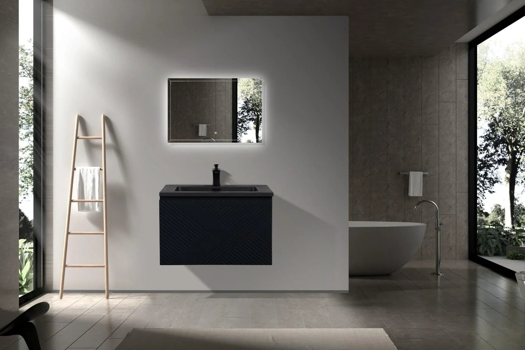 36" Black Wall Mount Bathroom Vanity with Black Engineered Quartz Countertop Roxboro - Golden Elite Deco