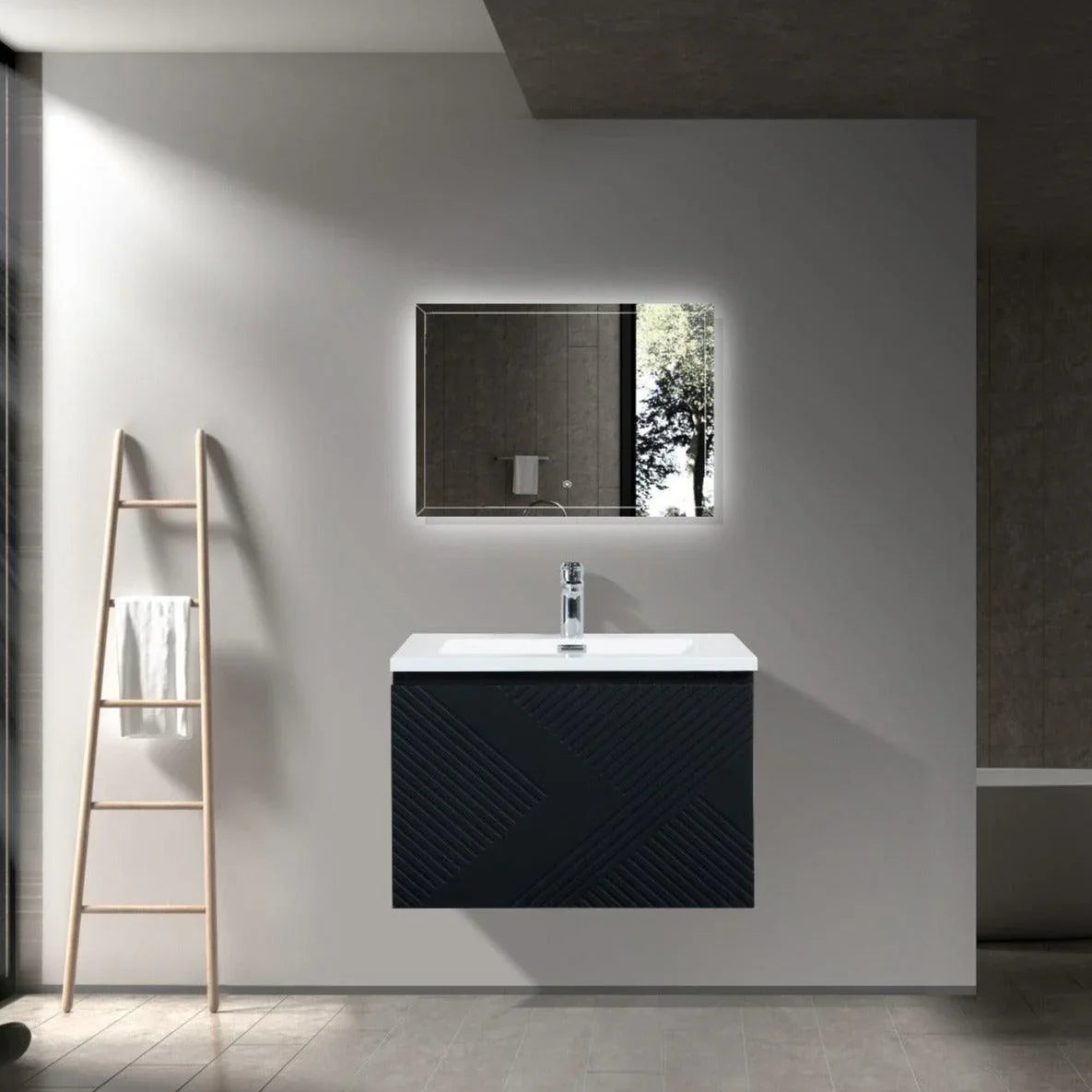 36" Black Wall Mount Bathroom Vanity with White Polymarble Countertop Roxboro - Golden Elite Deco