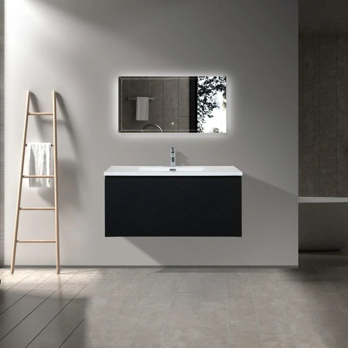 40" Black Wall Mount Bathroom Vanity with White Polymarble Countertop Roxboro - Golden Elite Deco