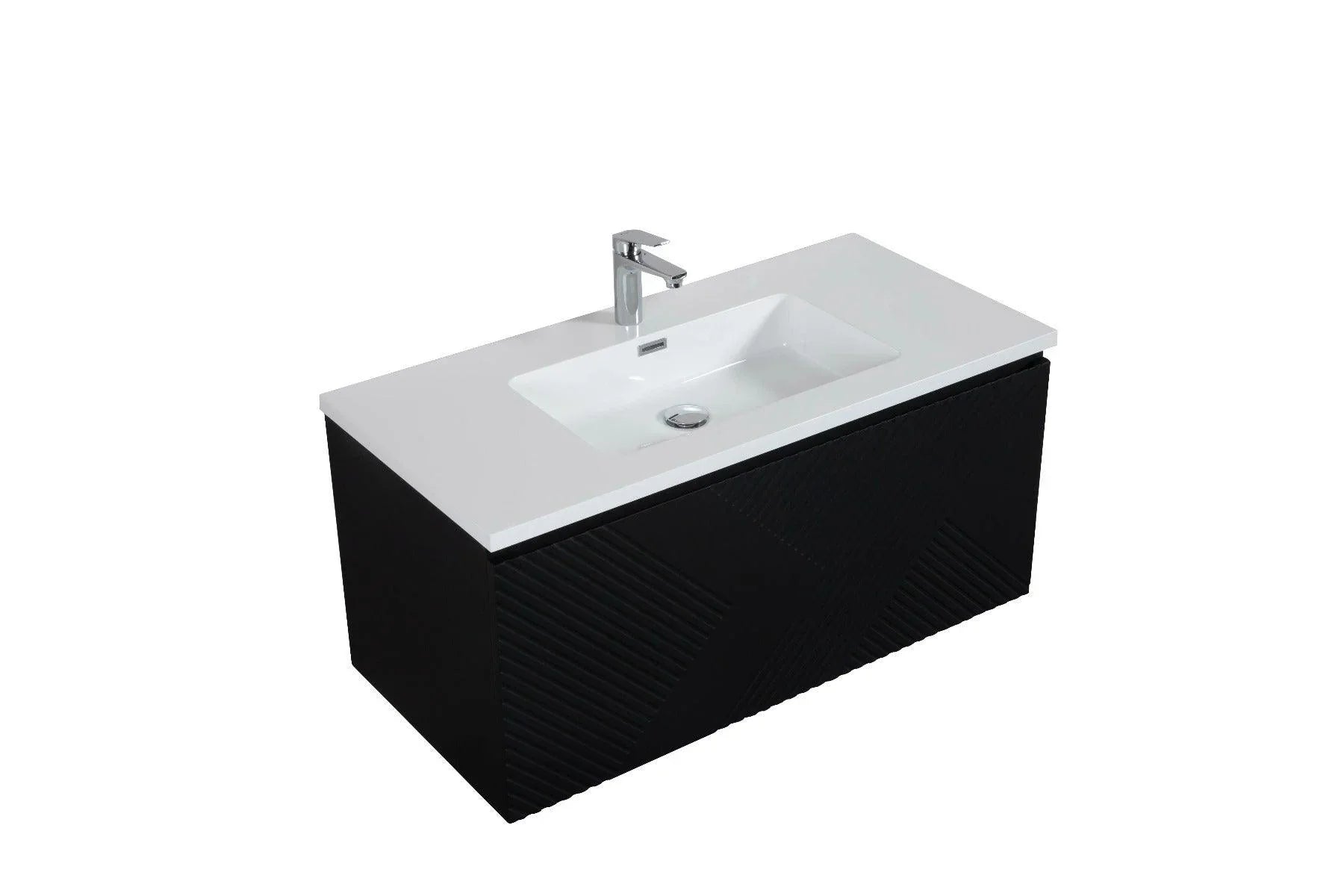 40" Black Wall Mount Bathroom Vanity with White Polymarble Countertop Roxboro - Golden Elite Deco