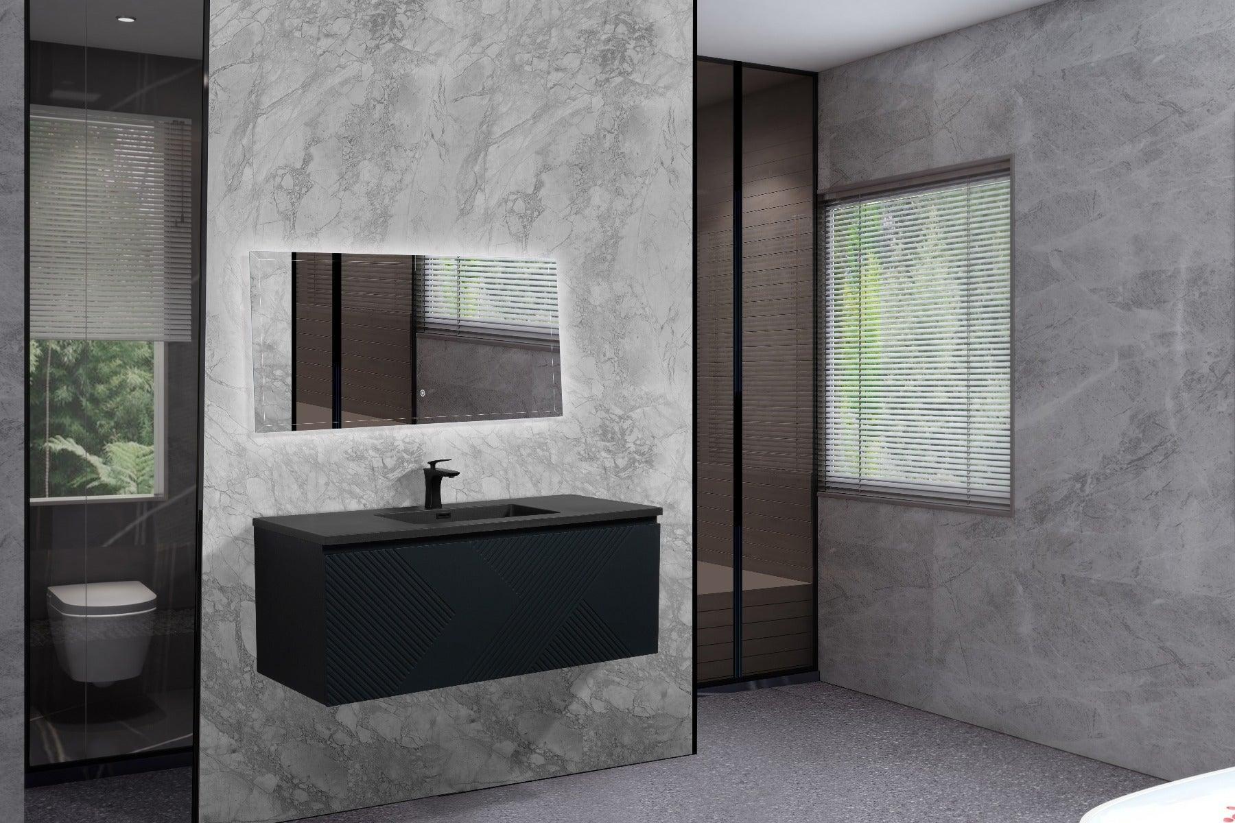 48" Black Wall Mount Bathroom Vanity with Black Engineered Quartz Countertop Roxboro - Golden Elite Deco