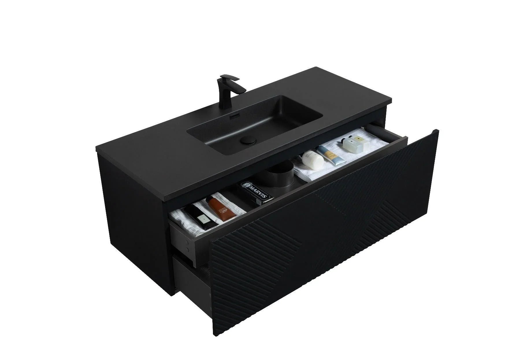 48" Black Wall Mount Bathroom Vanity with Black Engineered Quartz Countertop Roxboro - Golden Elite Deco