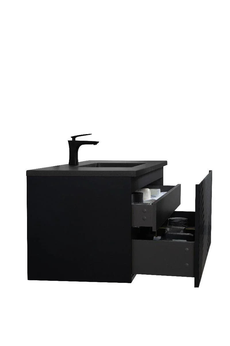 48" Black Wall Mount Bathroom Vanity with Black Engineered Quartz Countertop Roxboro - Golden Elite Deco
