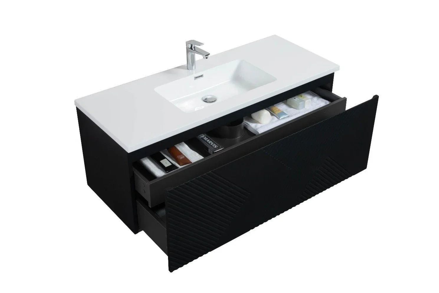 48" Black Wall Mount Bathroom Vanity with White Polymarble Countertop Roxboro - Golden Elite Deco