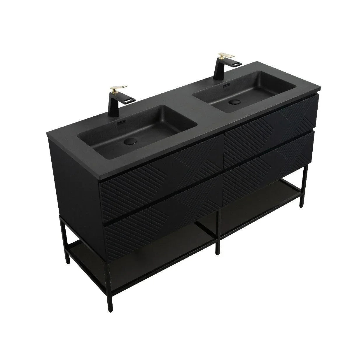 Meuble-lavabo mural noir 60" avec Comptoir en quartz technique noir