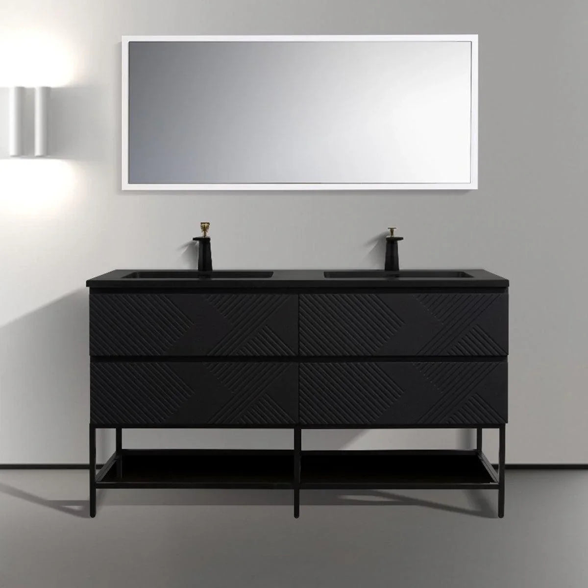 Meuble-lavabo mural noir 60" avec Comptoir en quartz technique noir