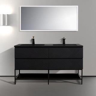 60" Black Wall Mount Bathroom Vanity with Black Engineered Quartz Countertop