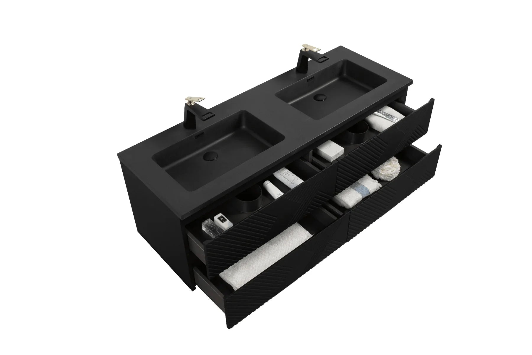 60" Black Wall Mount Bathroom Vanity with Black Engineered Quartz Countertop - Golden Elite Deco