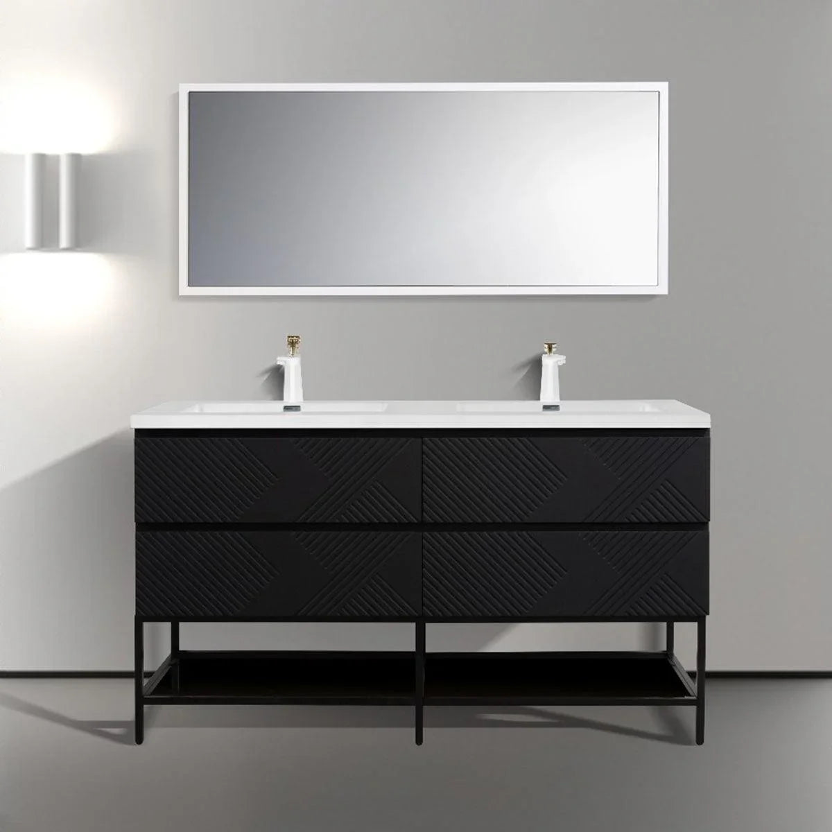 Meuble-lavabo mural noir 60" avec Comptoir en polymarbre blanc