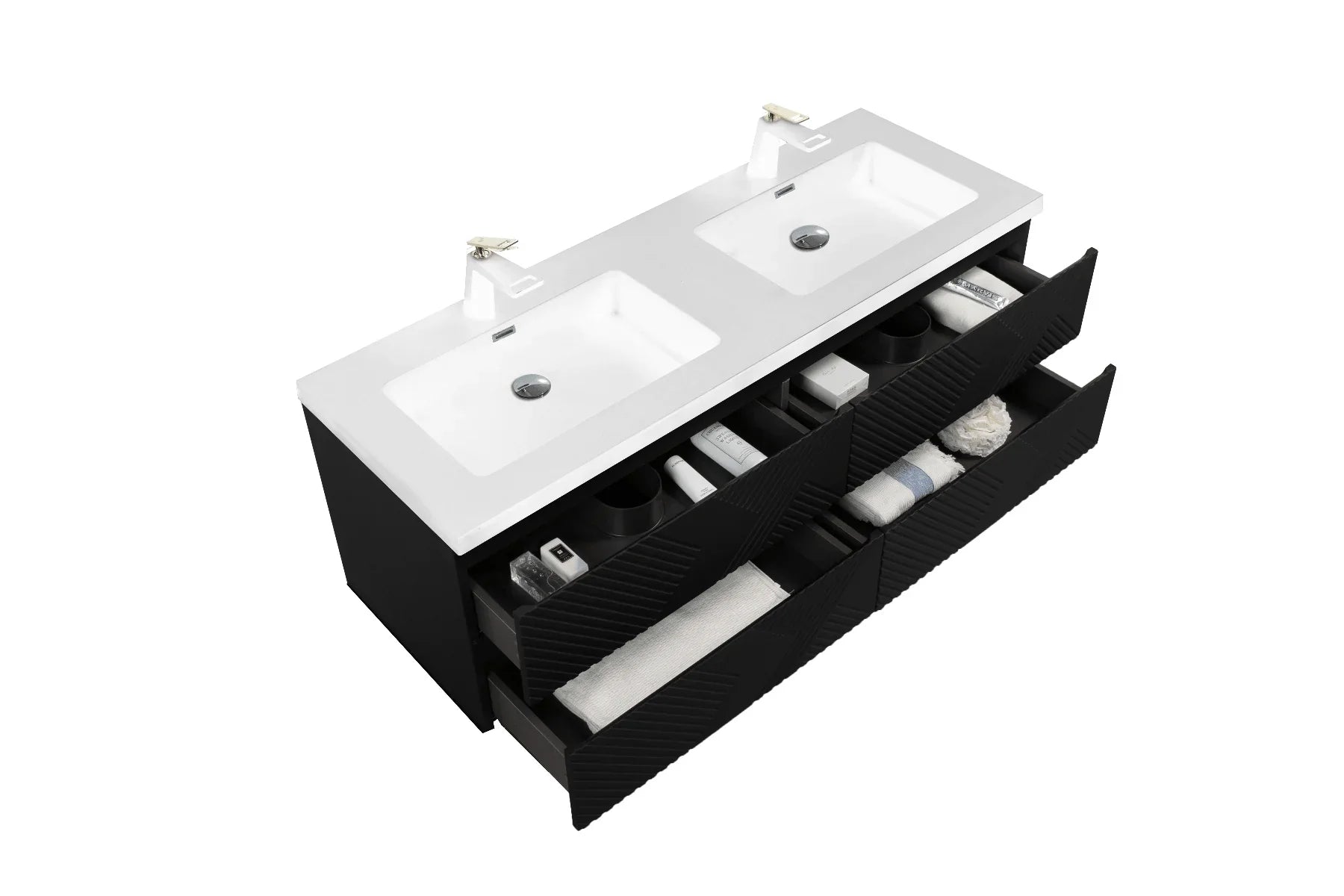 60" Black Wall Mount Bathroom Vanity with White Polymarble Countertop - Golden Elite Deco