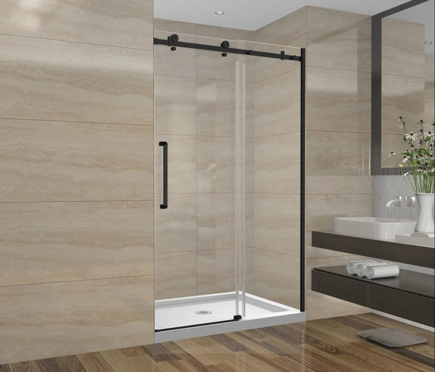 48"W x 75"H x 10mm Alcove Reversible Sliding Shower Door with Square Design Hardware in Black - Golden Elite Deco