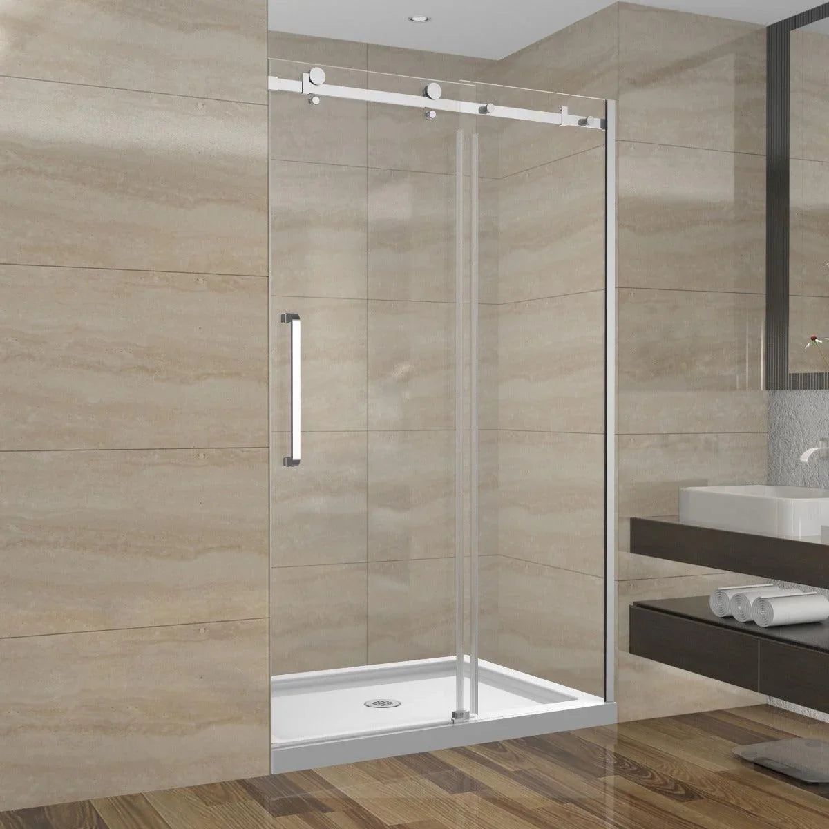 48"W x 75"H x 10mm Alcove Reversible Sliding Shower Door with Square Design Hardware in Chrome - Golden Elite Deco