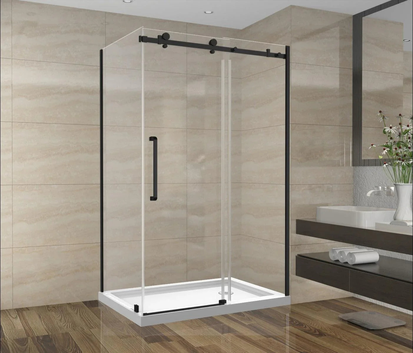 48" x 36" Shower Set - Square Style With Matte Black Hardware - 2 Wall Setup Without Base - Golden Elite Deco