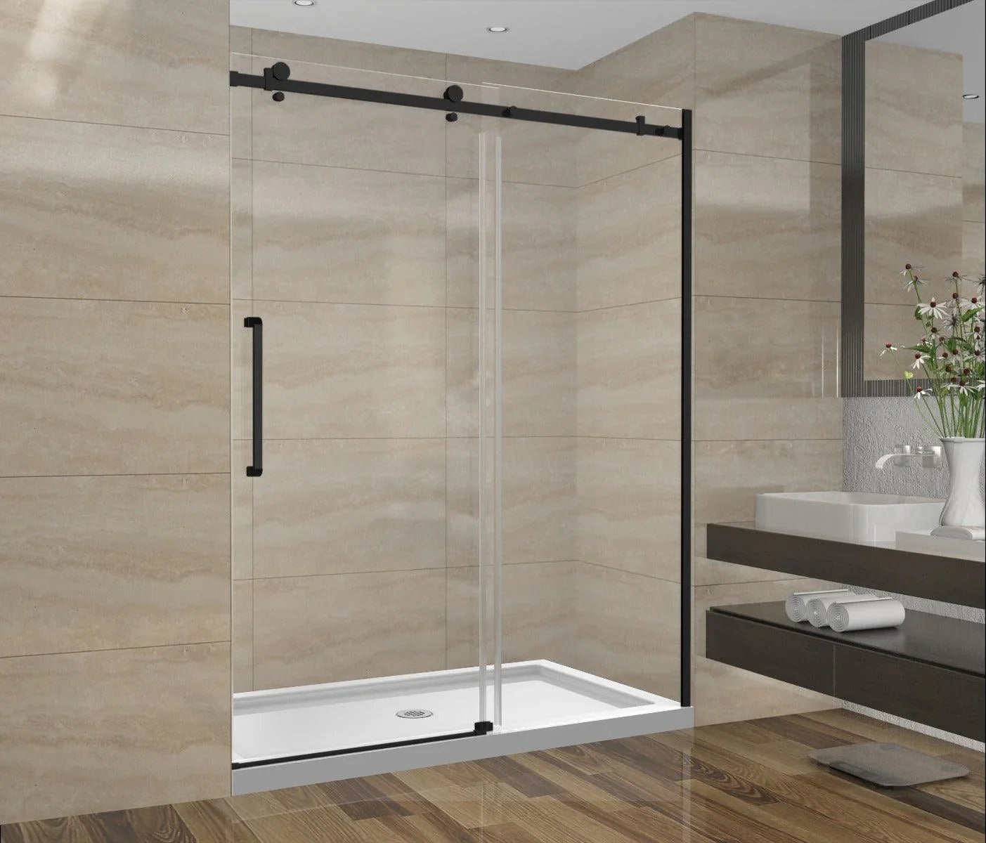60"W x 75"H x 10mm Alcove Reversible Sliding Shower Door with Square Design Hardware in Black - Golden Elite Deco