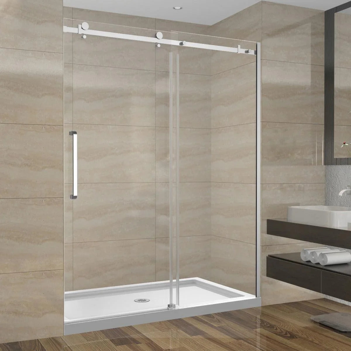 60"W x 75"H x 10mm Alcove Reversible Sliding Shower Door with Square Design Hardware in Chrome - Golden Elite Deco