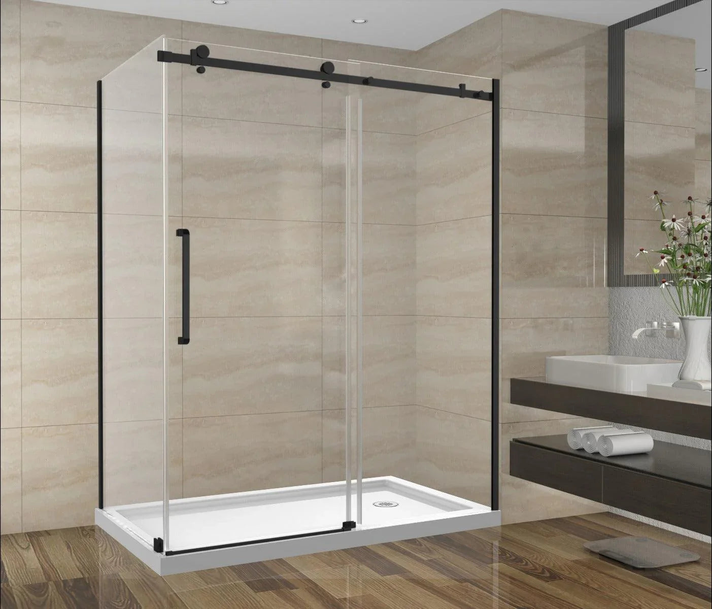 60" x 32" Shower Set - Square Style With Matte Black Hardware - 2 Wall Setup Without Base - Golden Elite Deco