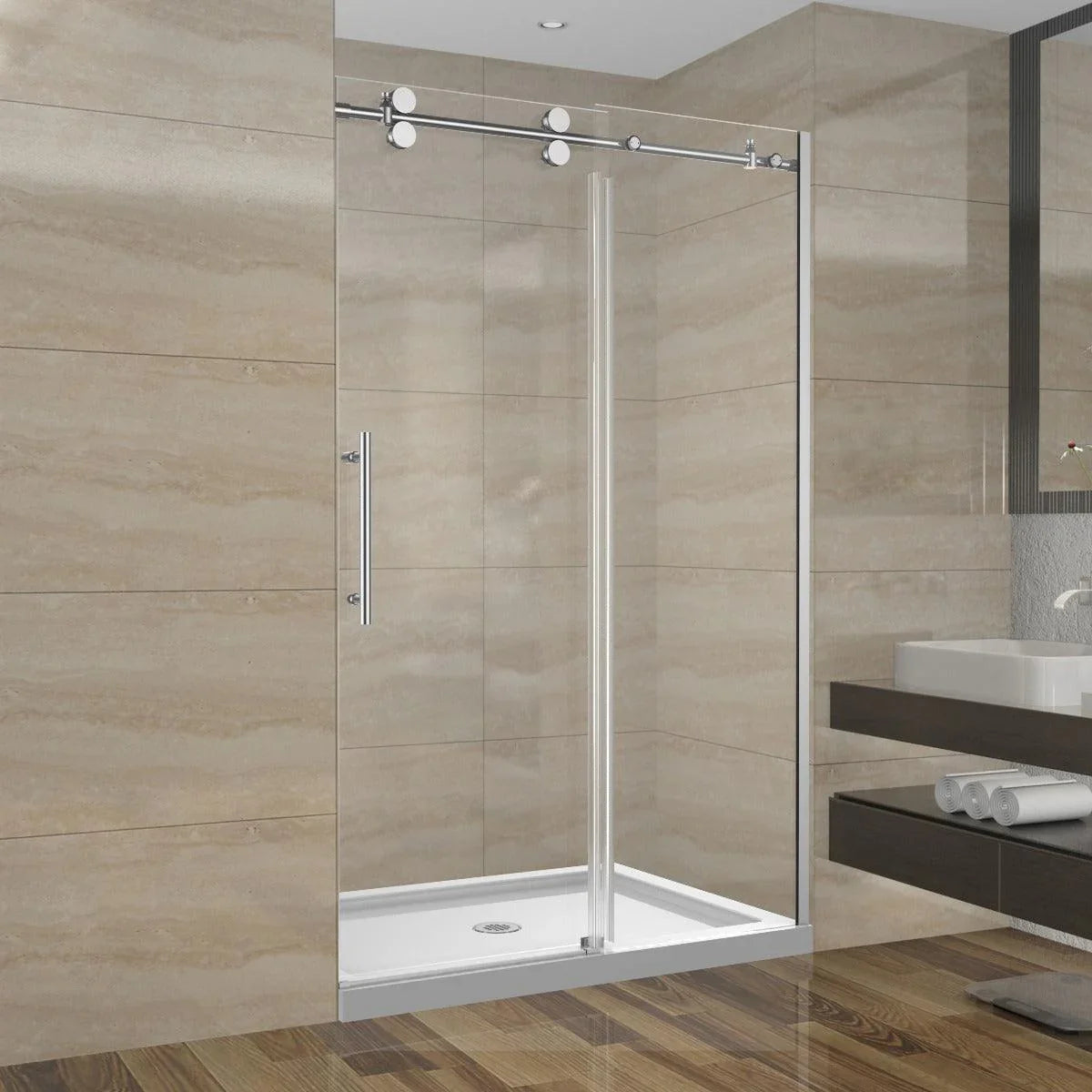 48"W x 75"H x 10mm Alcove Reversible Sliding Shower Door with Round Design Hardware in Chrome - Golden Elite Deco