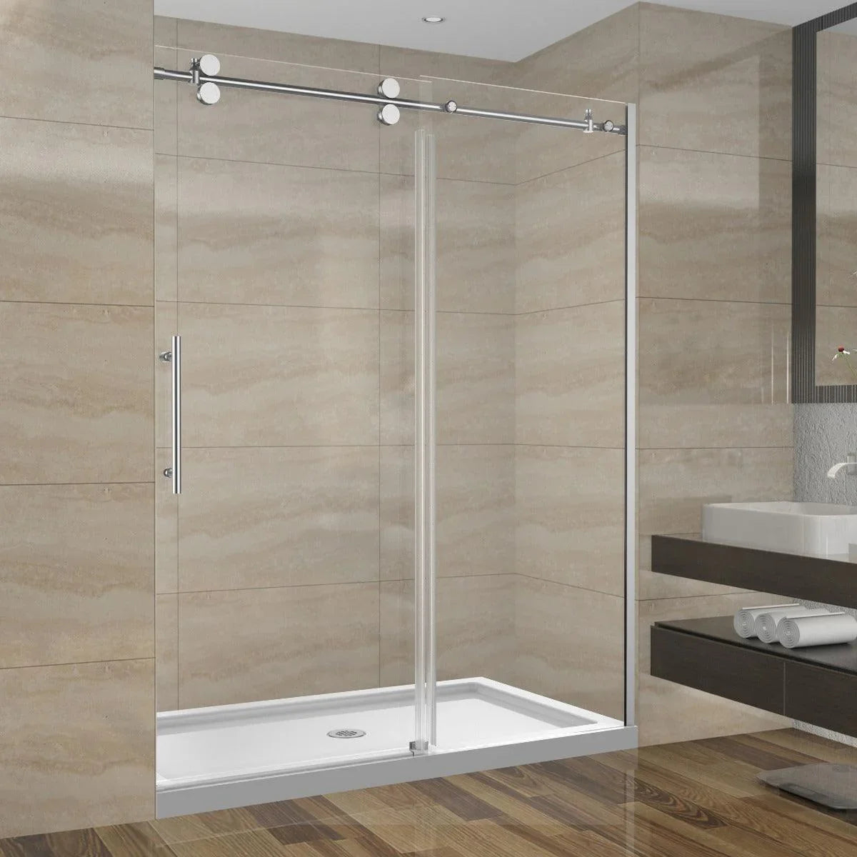 60"W x 75"H x 10mm Alcove Reversible Sliding Shower Door with Round Design Hardware in Chrome - Golden Elite Deco
