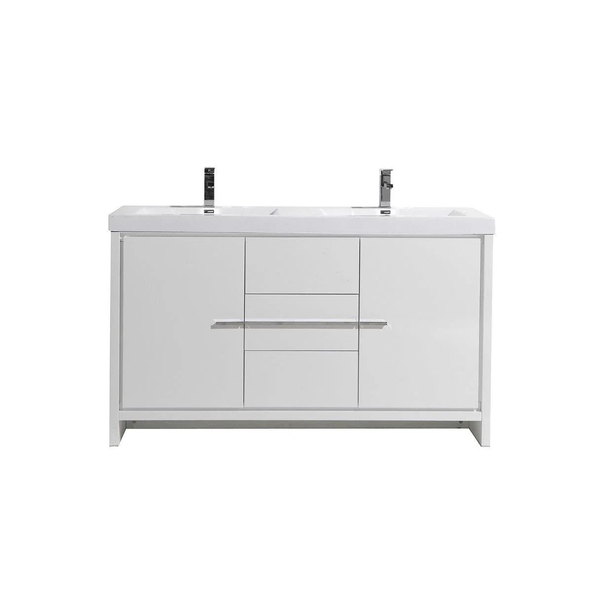 60" Glossy White Freestanding Double Sink Bathroom Vanity with White Polymarble Countertop - Golden Elite Deco