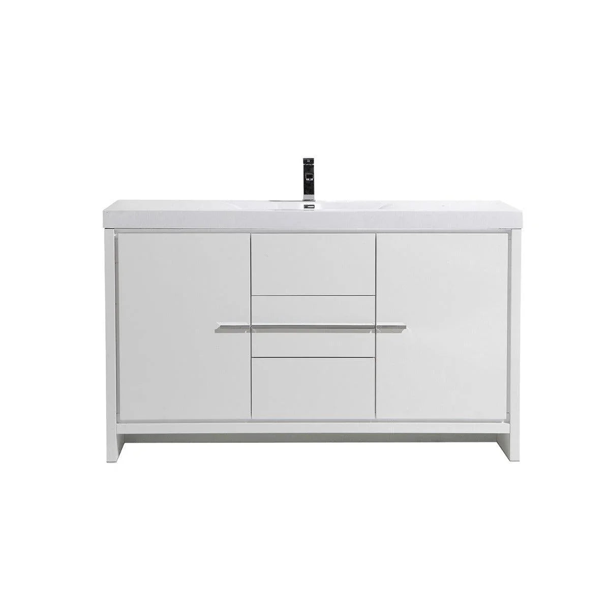 60" Glossy White Freestanding Single Sink Bathroom Vanity with White Polymarble Countertop - Golden Elite Deco