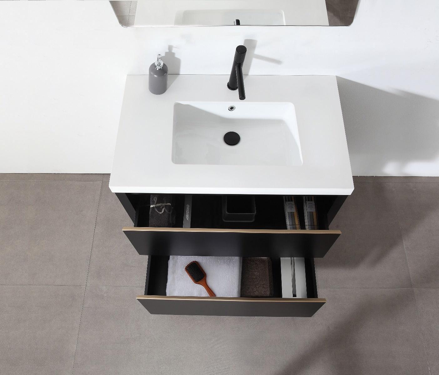 30" Black Freestanding Single Sink Bathroom Vanity with White Quartz Countertop - Golden Elite Deco