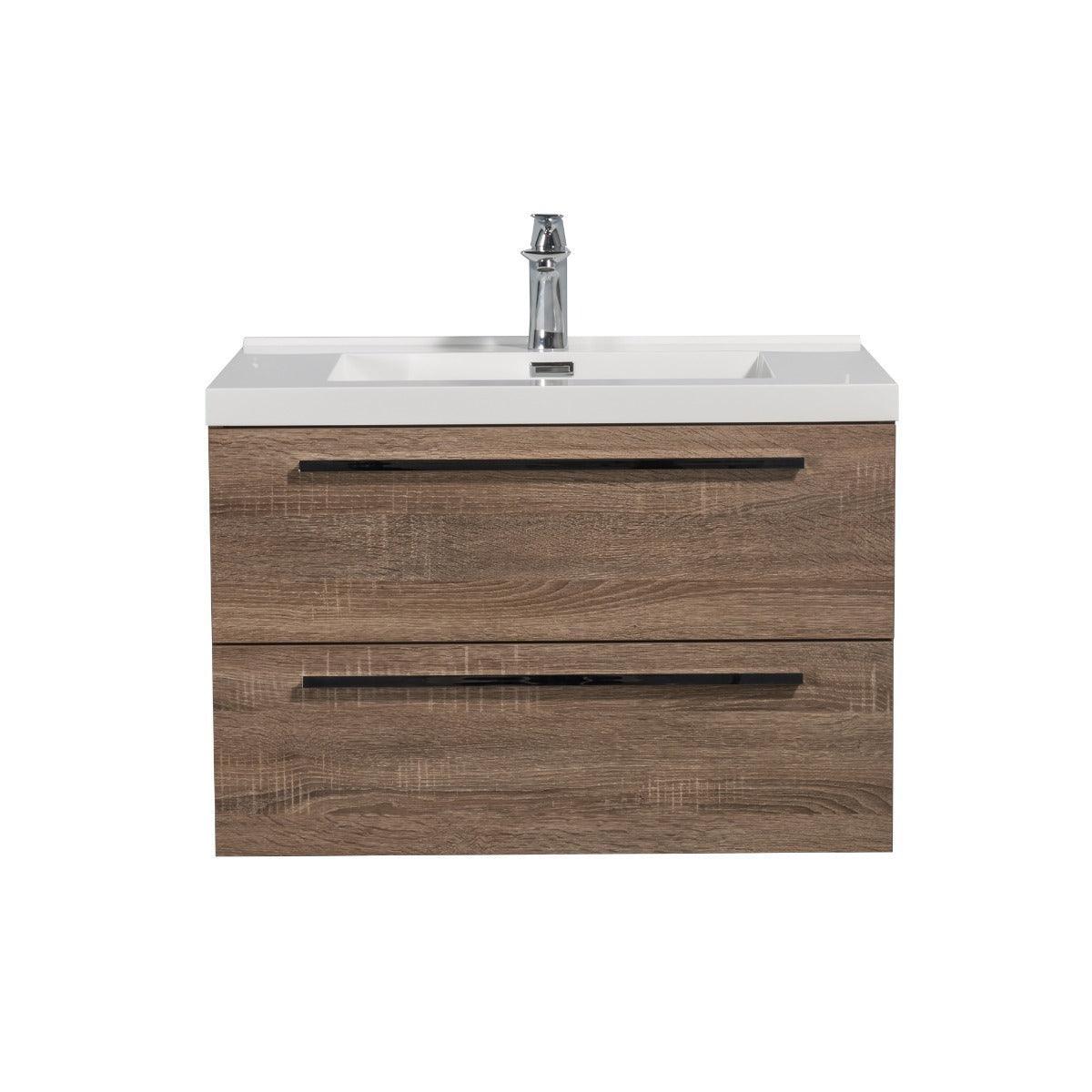 30" Soft Oak Wall Mount Bathroom Vanity with White Polymarble Countertop Sofia - Golden Elite Deco