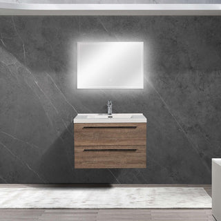 30" Soft Oak Wall Mount Bathroom Vanity with White Polymarble Countertop Sofia - Golden Elite Deco
