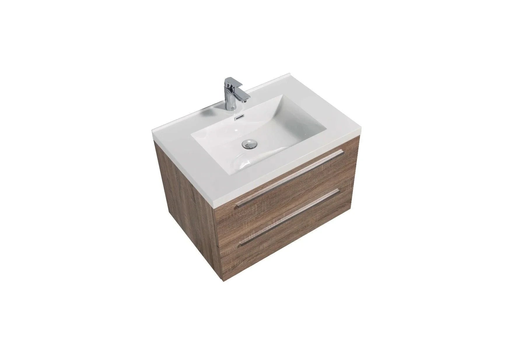 30" Soft Oak Wall Mount Bathroom Vanity with White Polymarble Countertop Sofia - Golden Elite Deco