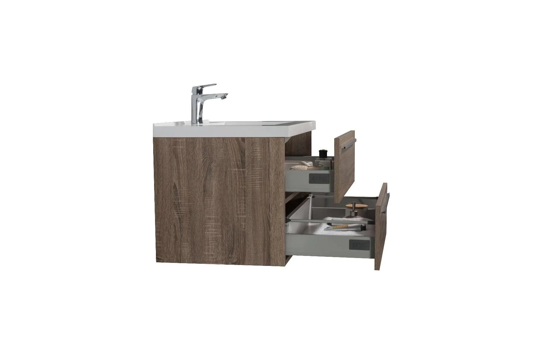 30" Soft Oak Wall Mount Bathroom Vanity with White Polymarble Countertop Sofia - Golden Elite Deco