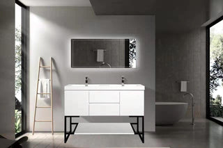 60" Glossy White Open Shelf with Matte Black Frame - Golden Elite Deco