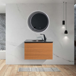 30" Light Oak Wall Mount Bathroom Vanity with Black Engineered Quartz Countertop Simon - Golden Elite Deco
