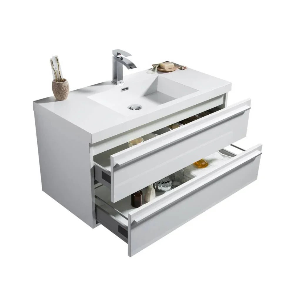 36" White Wall Mount Bathroom Vanity with White Polymarble Countertop Sofia - Golden Elite Deco