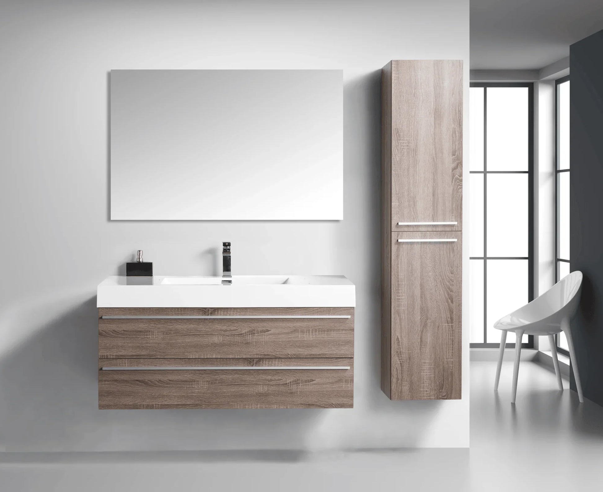 48" Soft Oak Wall Mount Single Sink Bathroom Vanity with White Polymarble Countertop Sofia - Golden Elite Deco