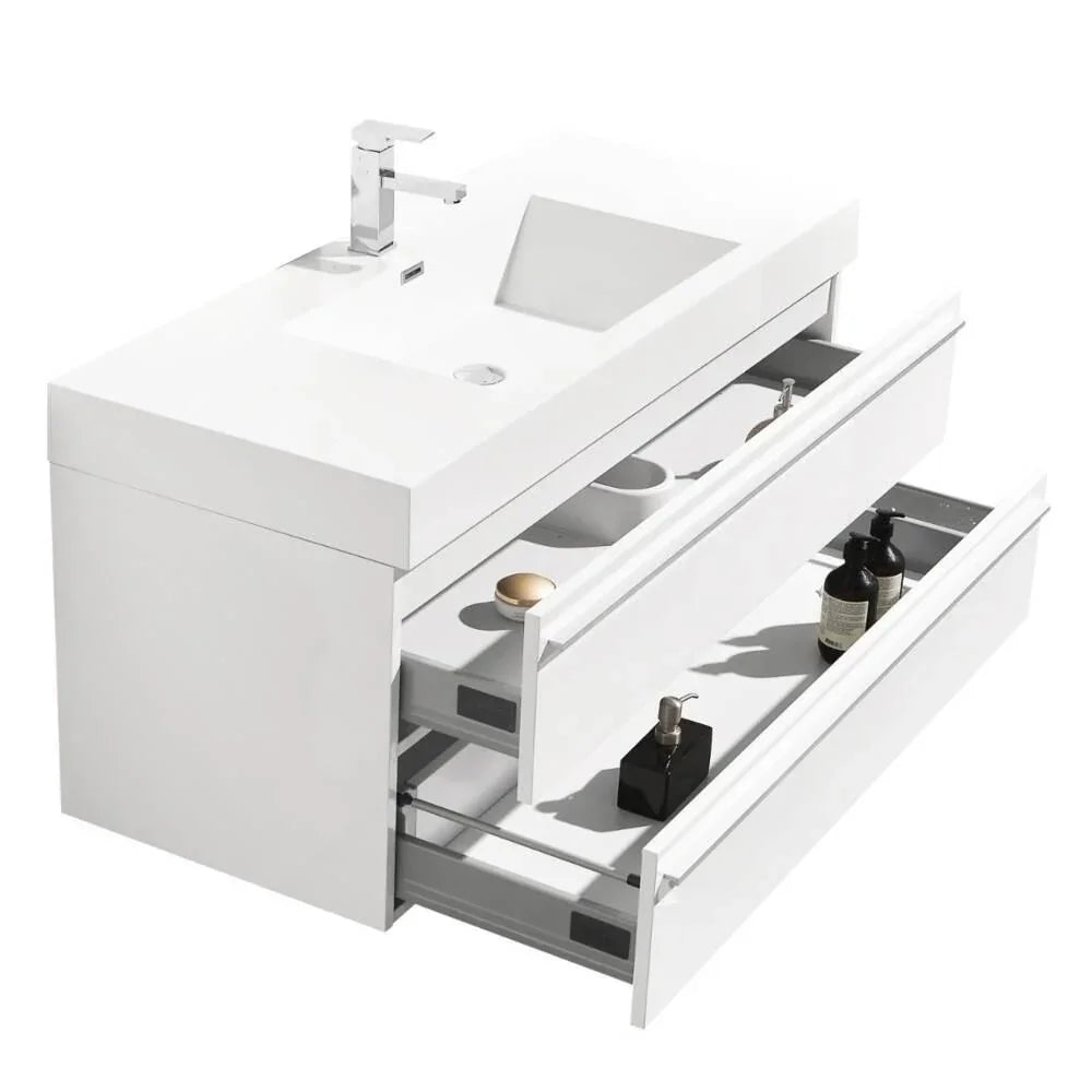 48" White Wall Mount Single Sink Bathroom Vanity with White Polymarble Countertop Sofia - Golden Elite Deco