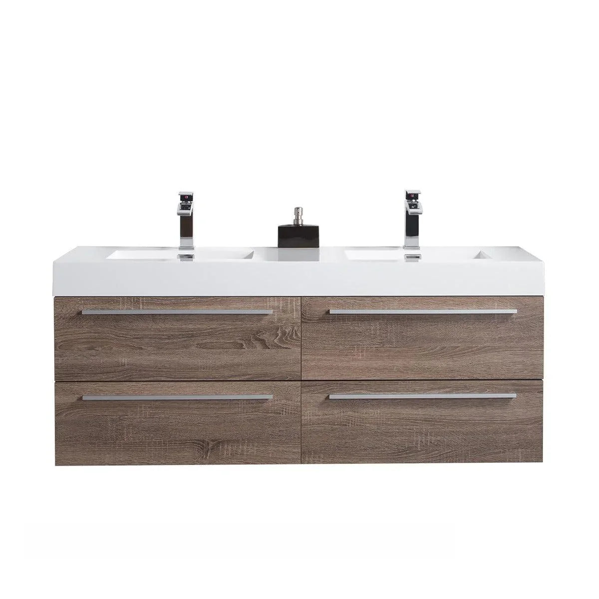 60" Soft Oak Wall Mount Double Sink Bathroom Vanity with White Polymarble Countertop Sofia - Golden Elite Deco