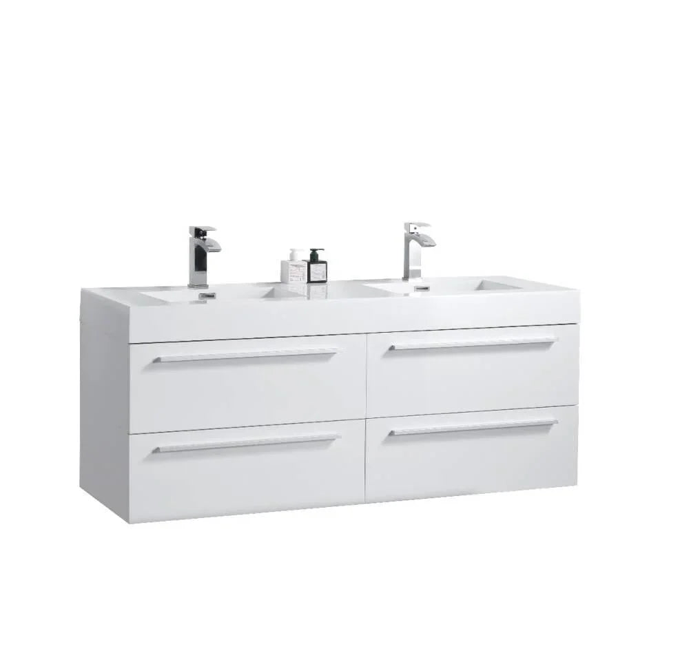 60" White Wall Mount Bathroom Vanity with White Polymarble Countertop Sofia - Golden Elite Deco