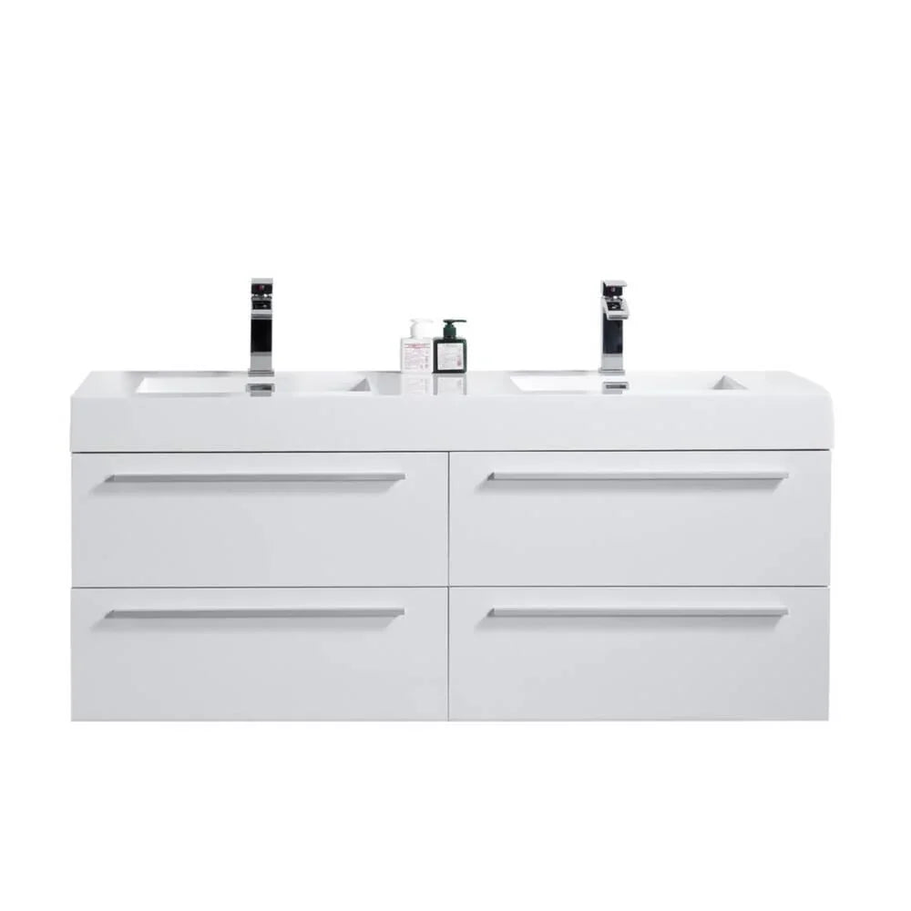 60" White Wall Mount Bathroom Vanity with White Polymarble Countertop Sofia - Golden Elite Deco