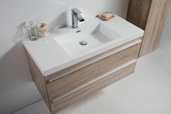 36" Soft Oak Wall Mount Bathroom Vanity with White Polymarble Countertop Sofia - Golden Elite Deco