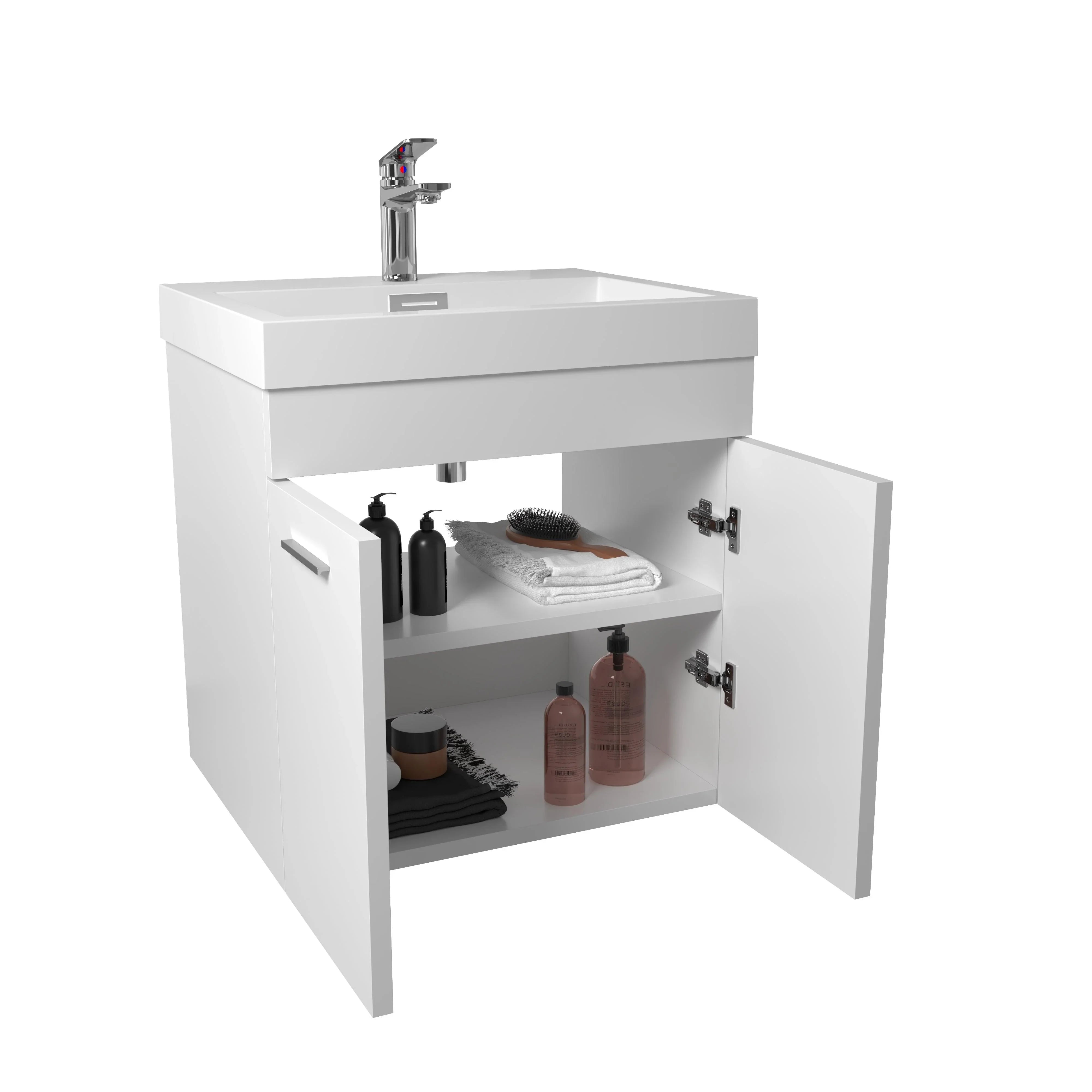 20" White Wall Mount Single Sink Bathroom Vanity with White Countertop - Golden Elite Deco