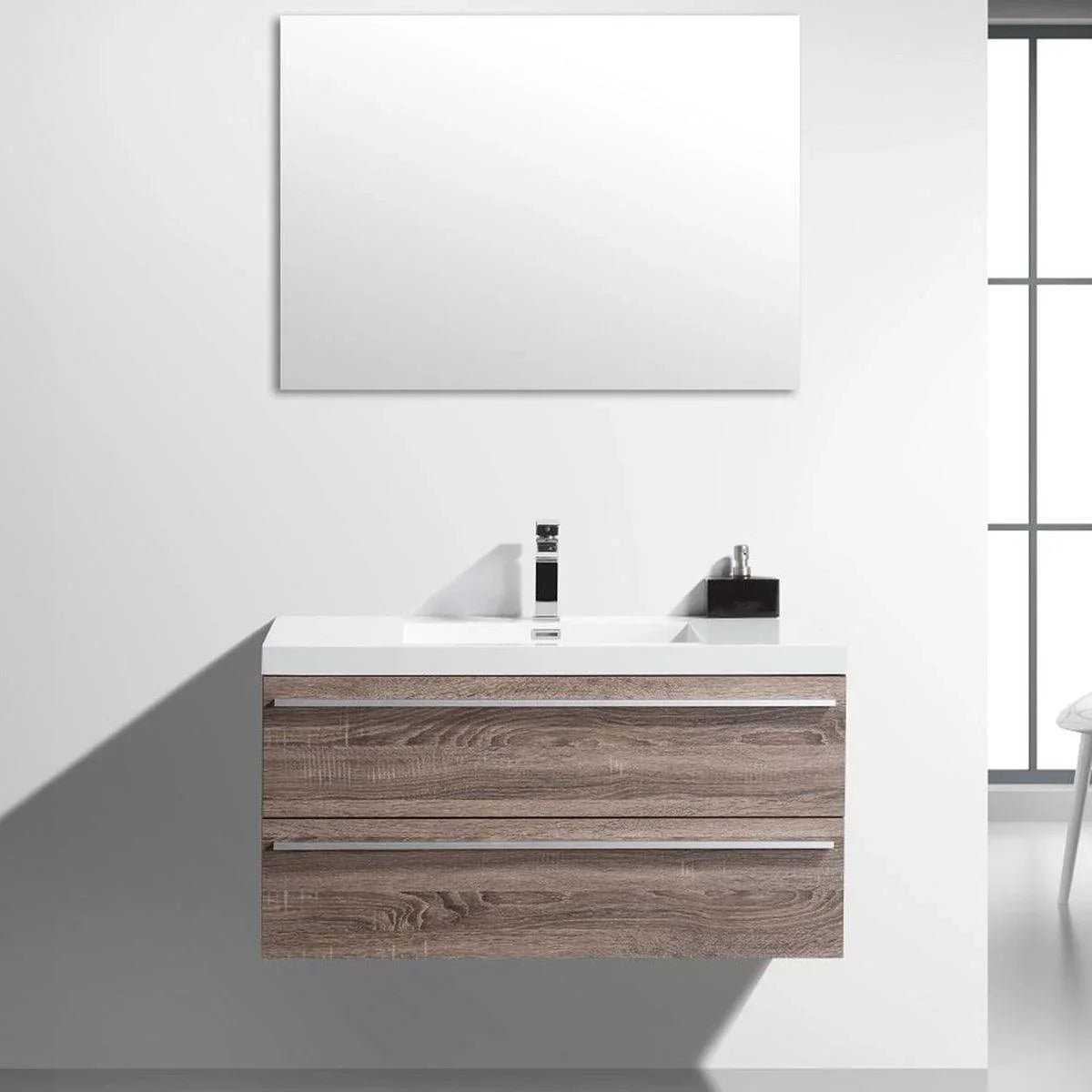 42" Soft Oak Wall Mount Bathroom Vanity with White Polymarble Countertop Sofia - Golden Elite Deco